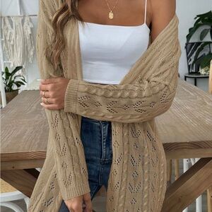 Beige Knit Sweater Soft Cozy Open Front Cardigan Duster Vintage Tan Size Large